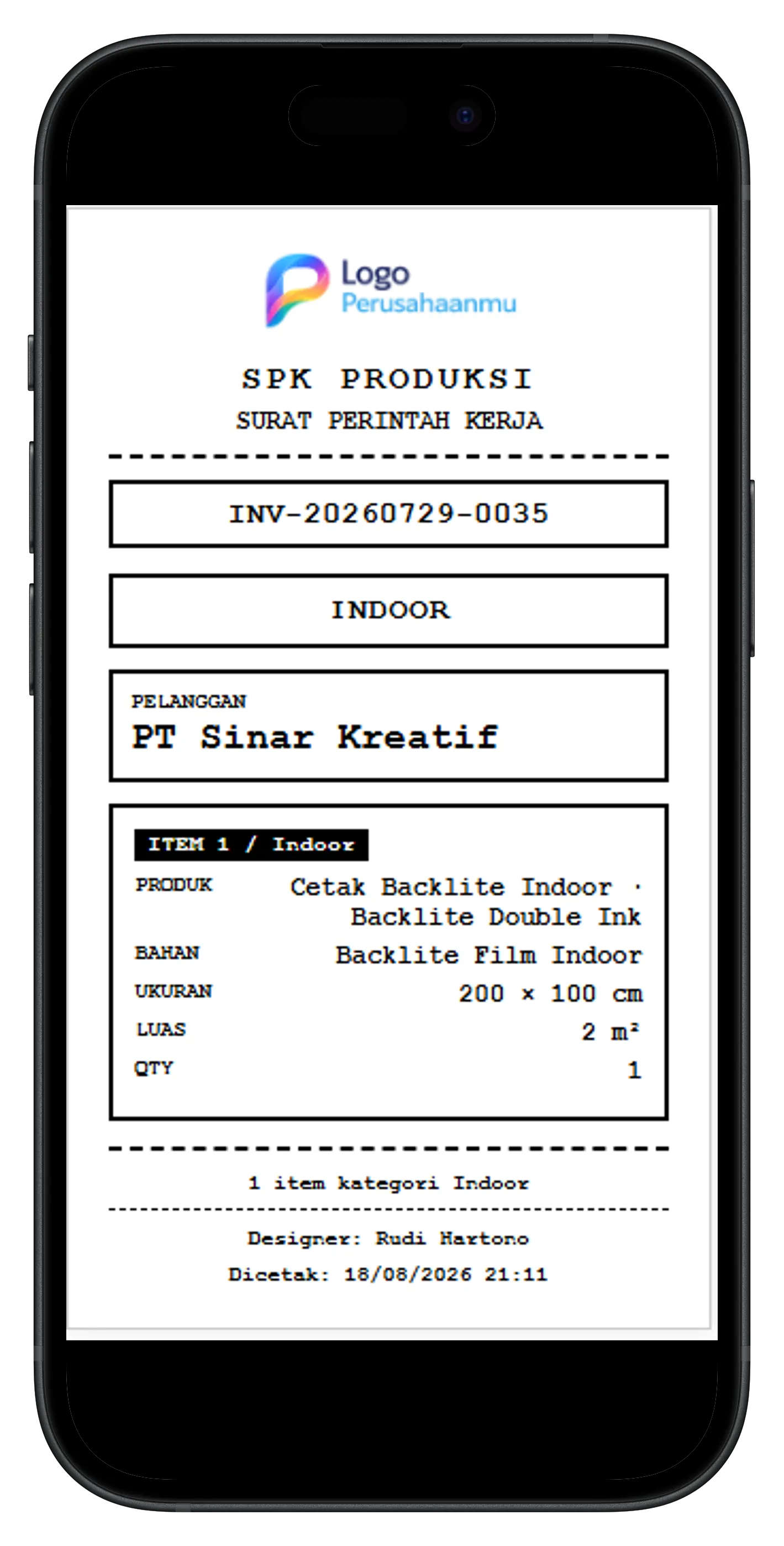 Smartphone menampilkan SPK produksi